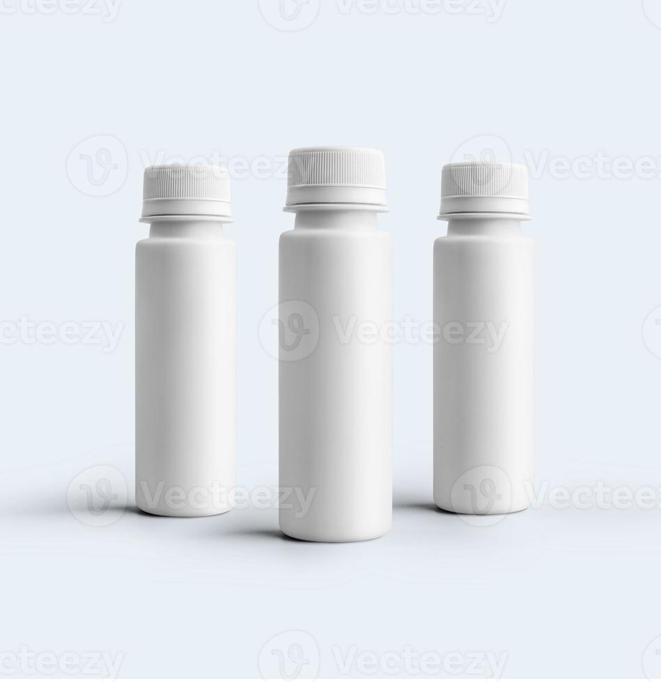 Representación 3D botella de polvo cosmético blanco en blanco con tapa de plástico aislado sobre fondo gris. apto para el diseño de su maqueta. foto