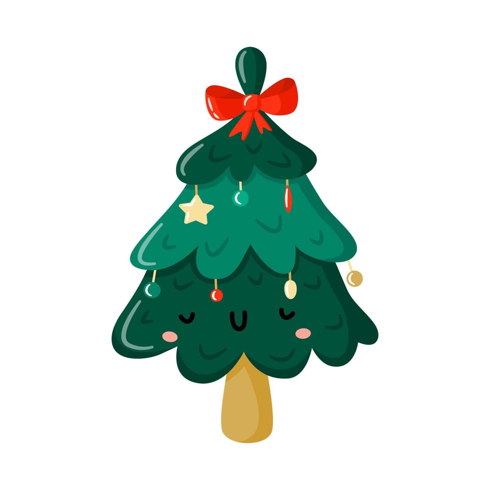 Cute cartoon hand drawn Christmas tree.  Winter character with funny face and Xmas decorations. Merry Christmas and New Year flat vector illustration.  Suitable for cards, posters, invitations.