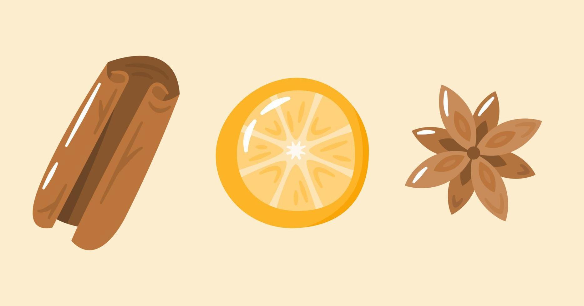 Cinnamon stick, star anise and slice of lemon vector illustration.  Aromatic spices for making desserts and drinks, ingredients for mulled wine. Decorative elements.