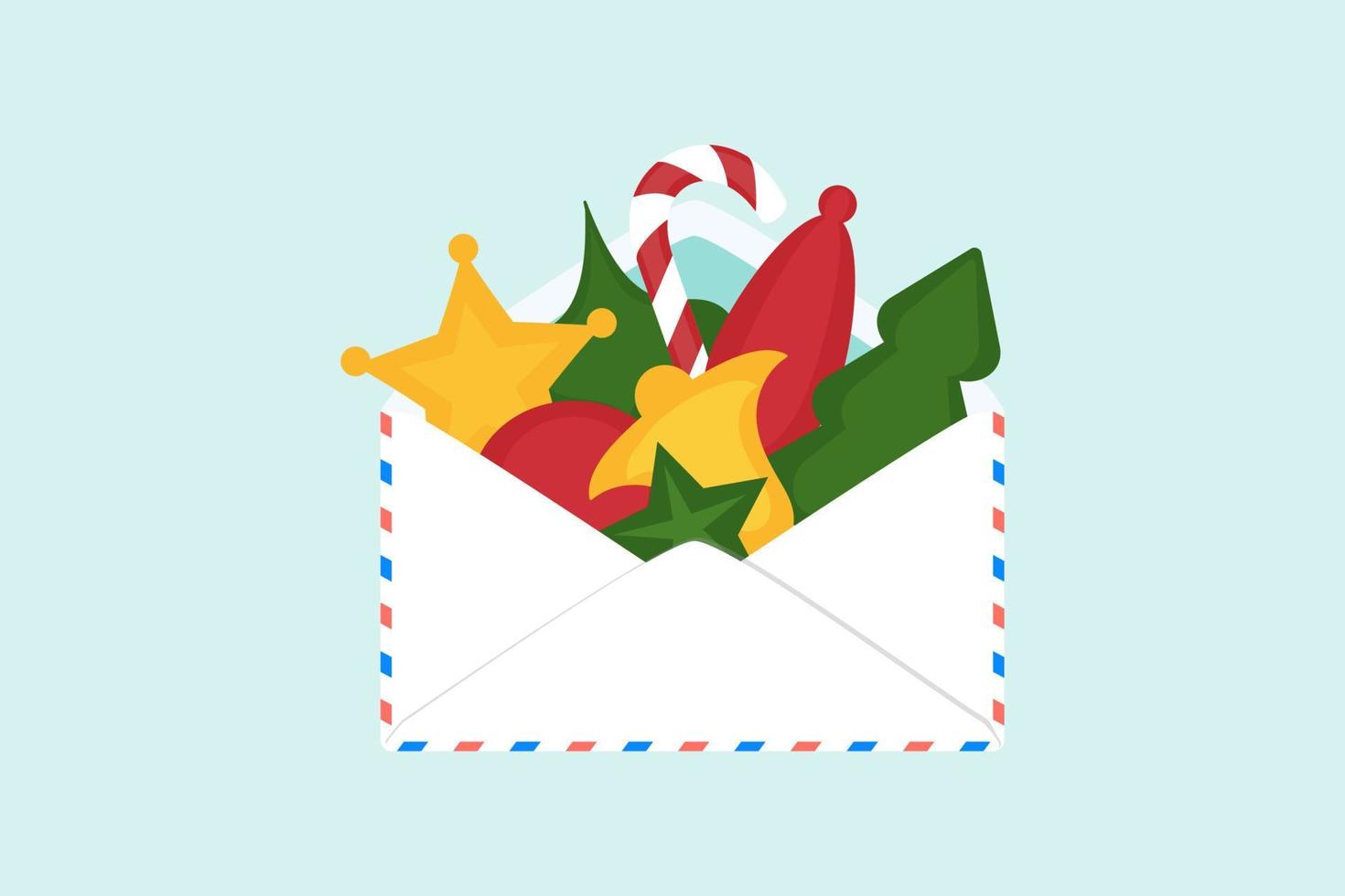 Sobre de correo de papel con adornos navideños y caramelo rayado en el interior sobre un fondo claro. concepto de año nuevo. estilo plano vector