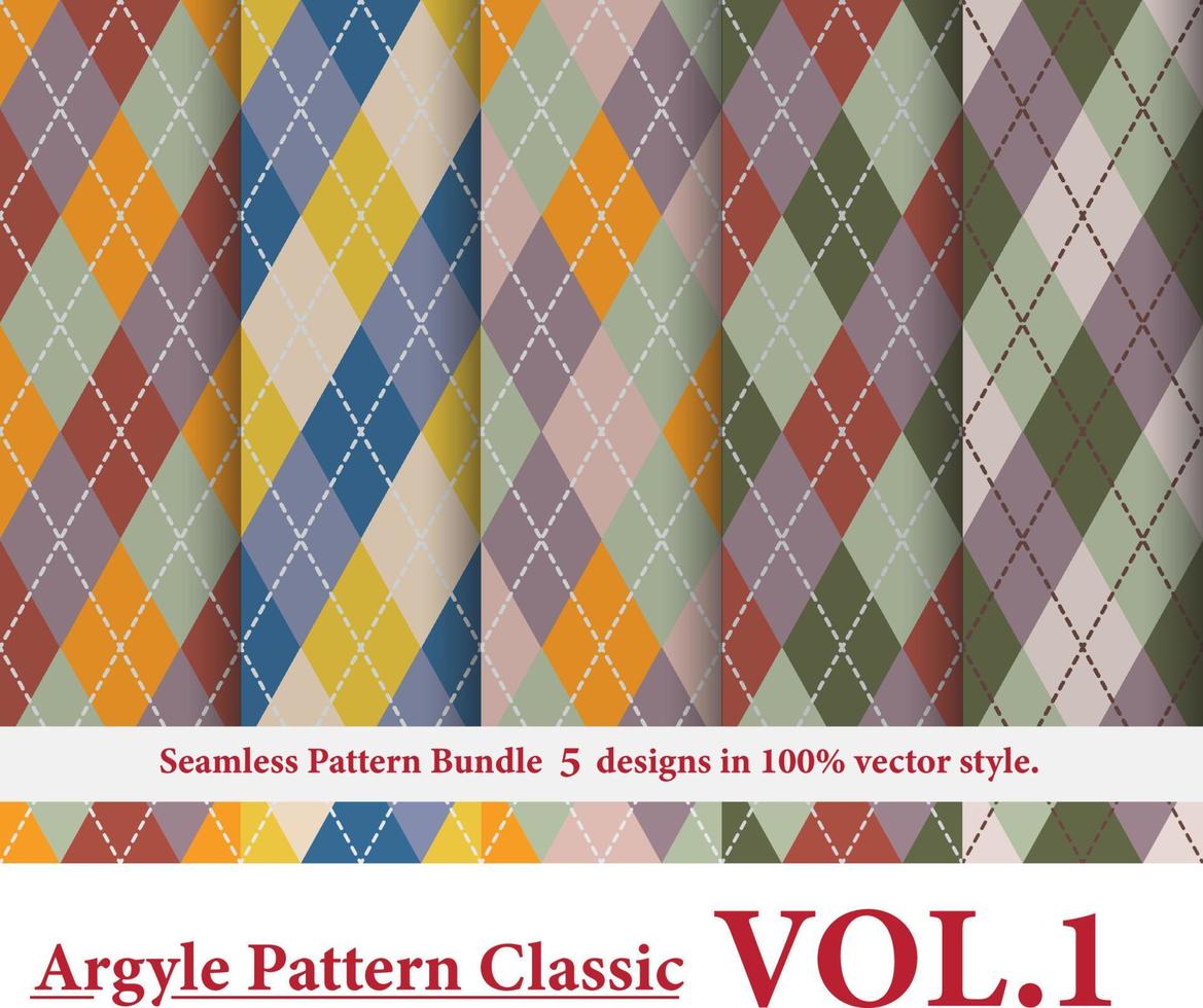 Argyle classic Pattern Bundle 5 designs Vol.11,Argyle vector,Seamless argyle pattern,Traditional check print,Fabric texture background,Christmas plaid,Retro background vector