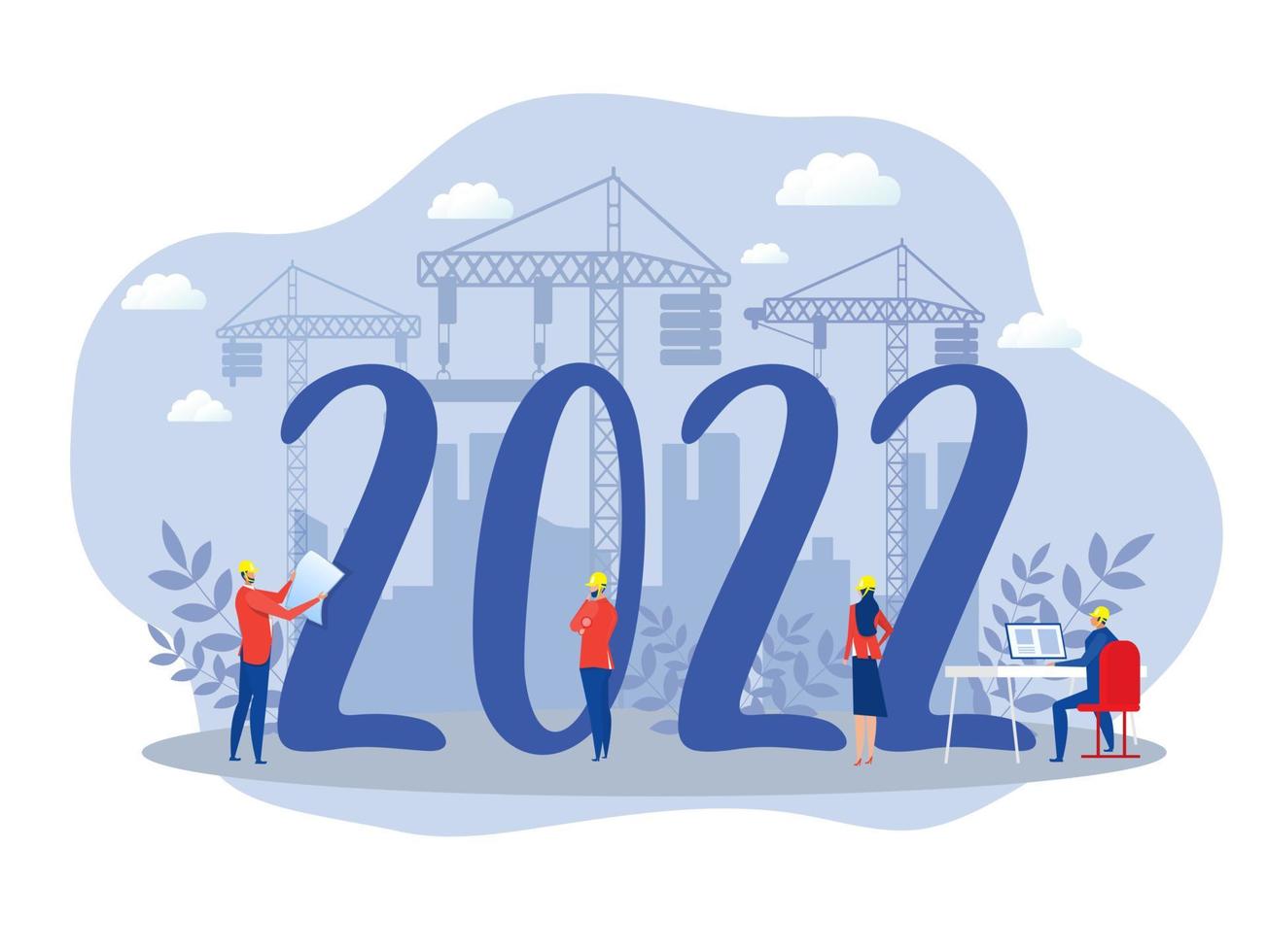 business engineering at work at a construction background. New Year card, 2022. Flat vector illustration.