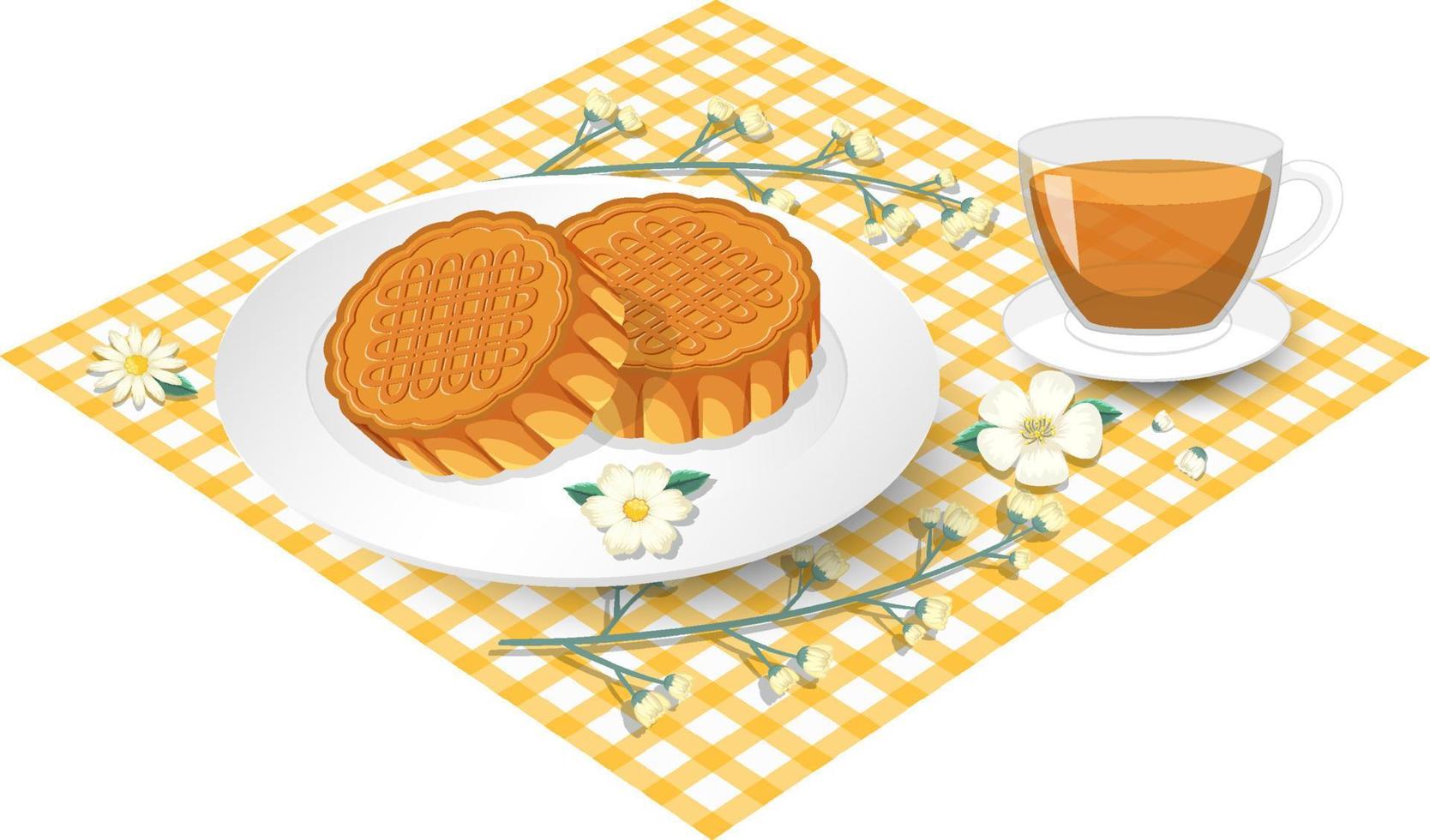 Mooncake with teacup set on tablecloth vector