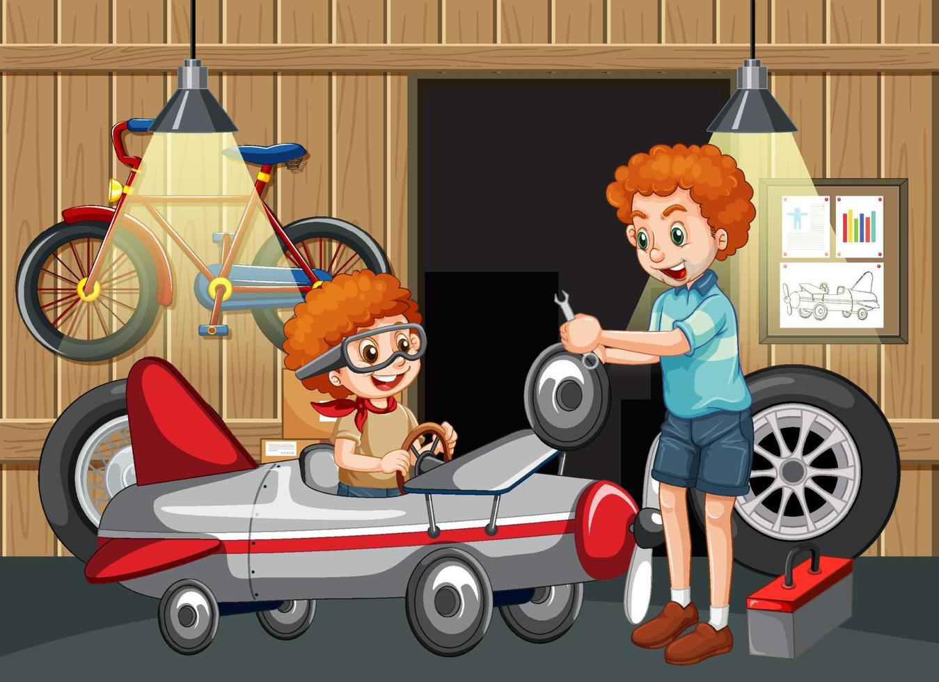 Escena de garaje con niños arreglando un coche juntos. vector