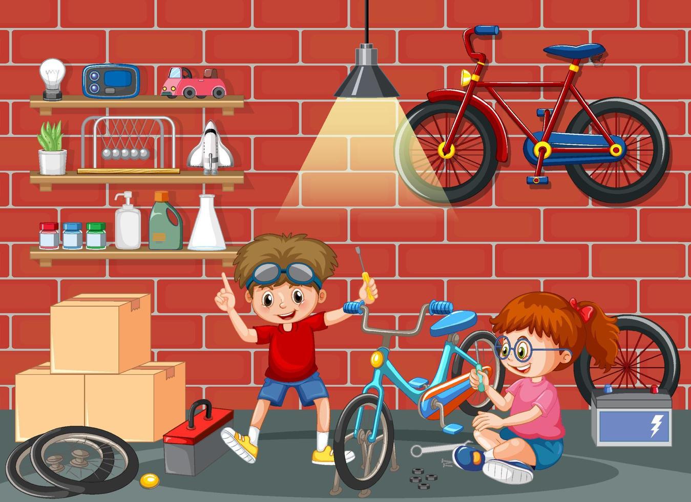 niños arreglando una bicicleta juntos en la escena de la habitación vector