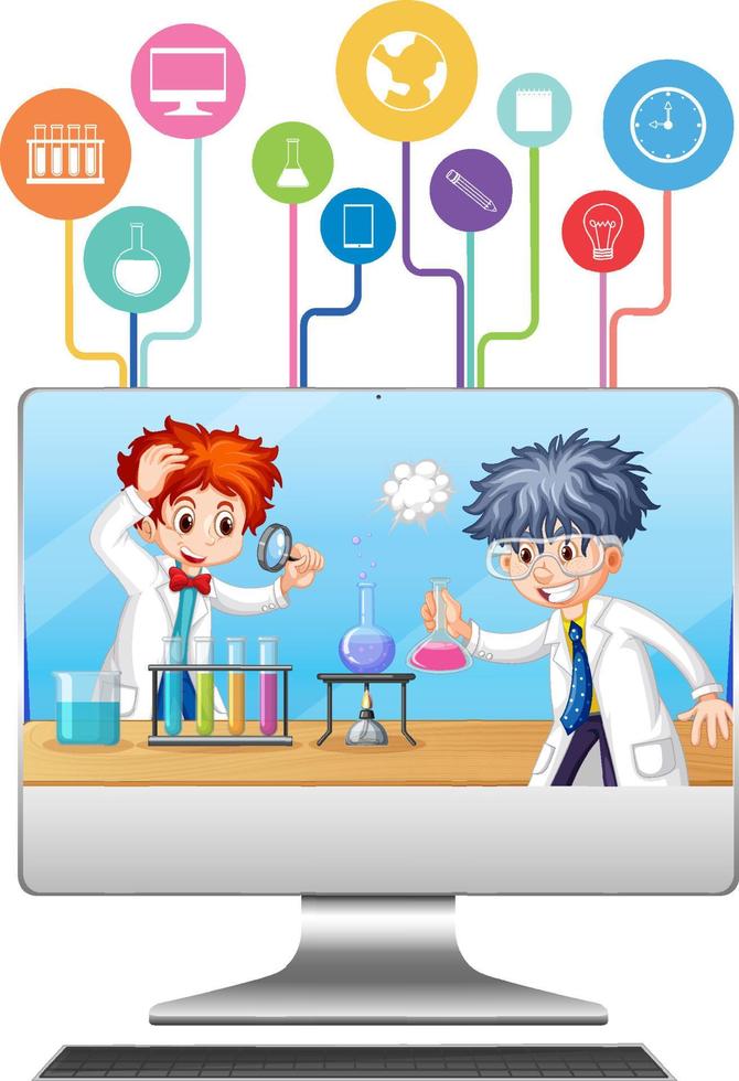 Computer with scientist kid cartoon character vector