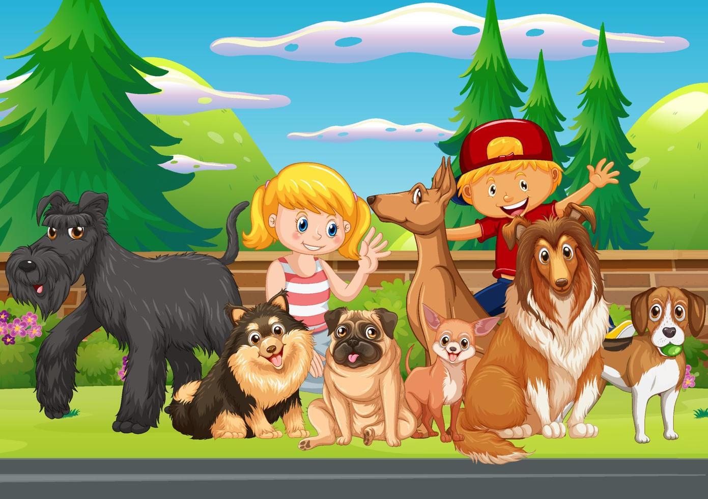 Escena del parque con niños jugando con sus animales. vector