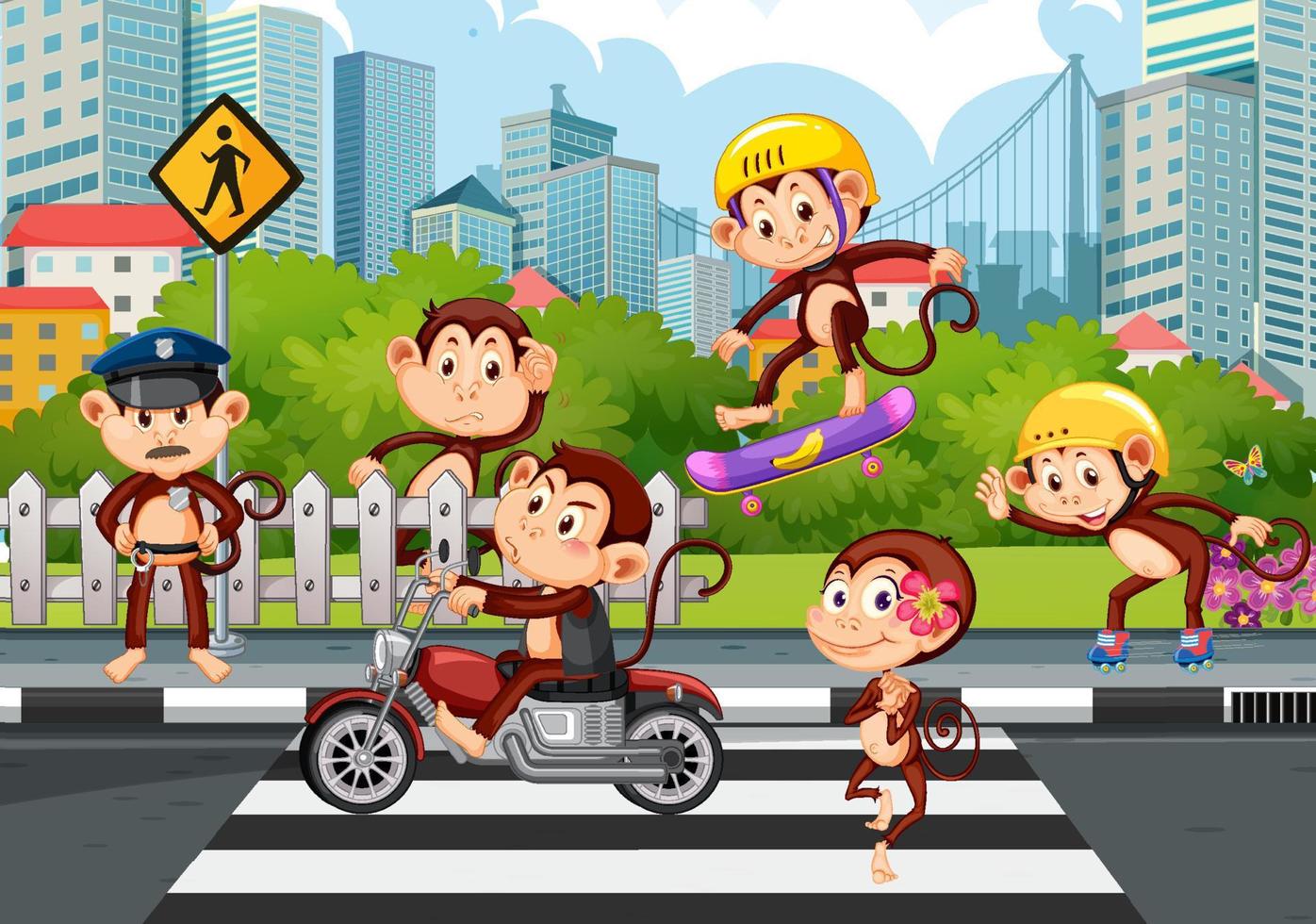 Street in the city scene with many monkeys vector