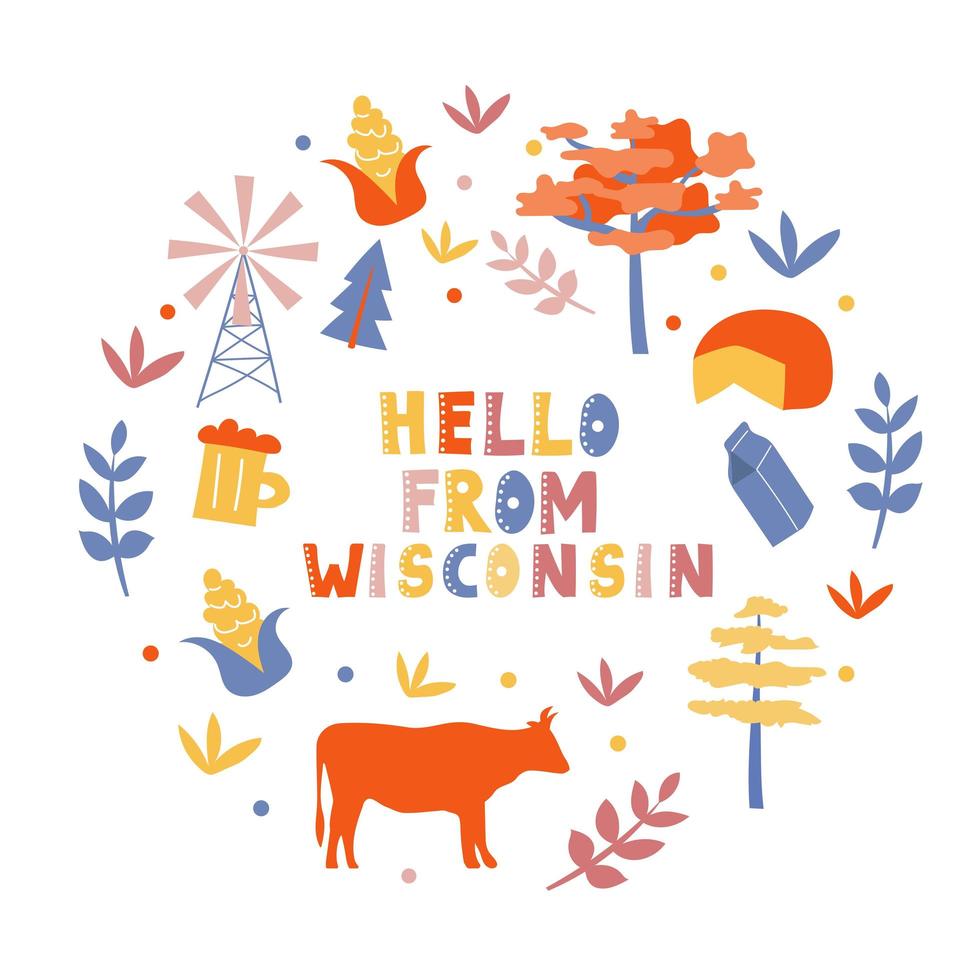 USA collection. Hello from Wisconsin theme. State Symbols vector