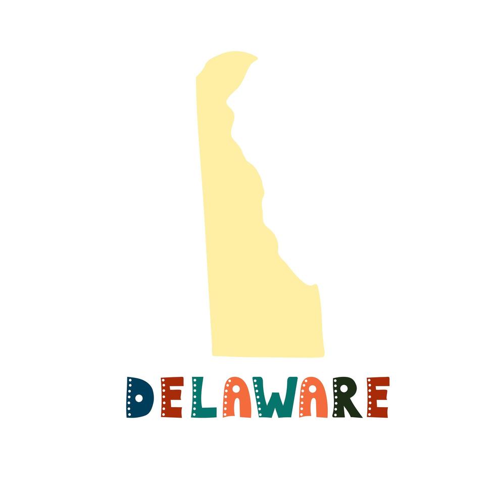 USA collection. Map of Delaware. Doodling style lettering vector