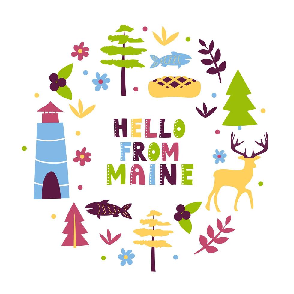 USA collection. Hello from Maine theme. State Symbols vector