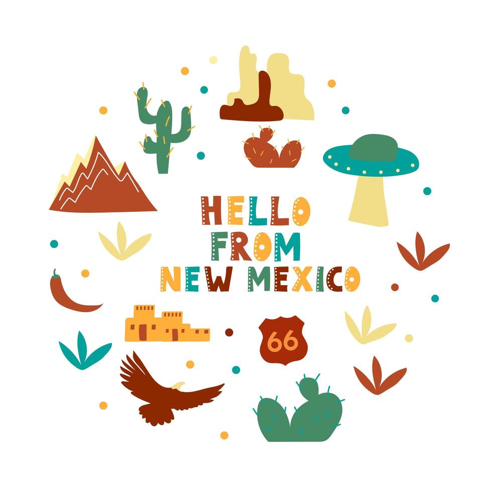USA collection. Hello from New Mexico theme. State Symbols vector