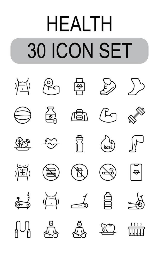 Línea de 30 iconos conjunto salud aislado sobre fondo blanco. vector