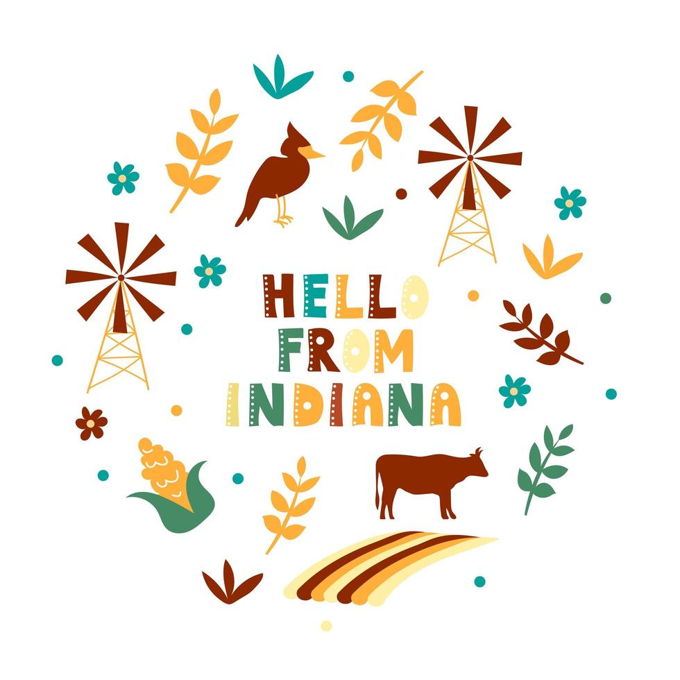 USA collection. Hello from Indiana theme. State Symbols vector