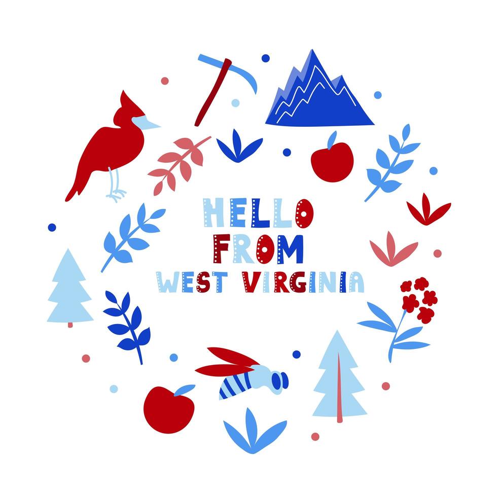 USA collection. Hello from West Virginia theme. State Symbols vector
