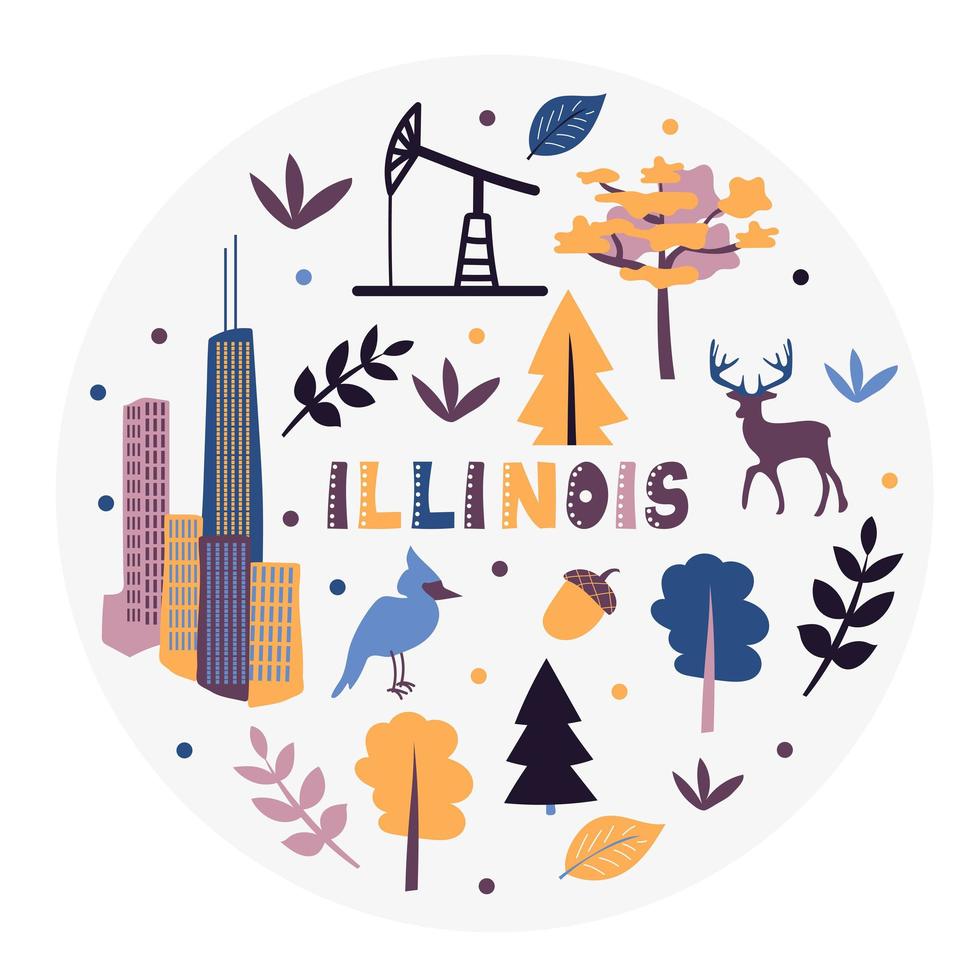 USA collection. Vector illustration of Illinois theme. State Symbols