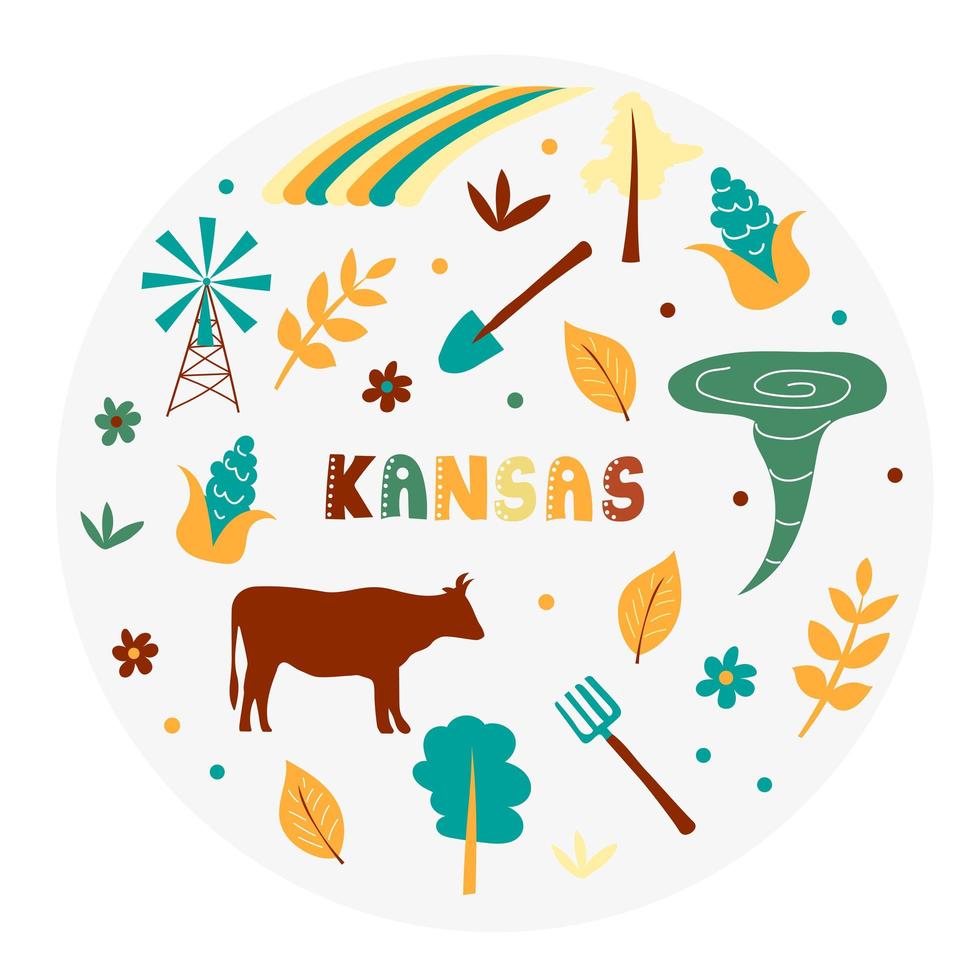 USA collection. Vector illustration of Kansas theme. State Symbols