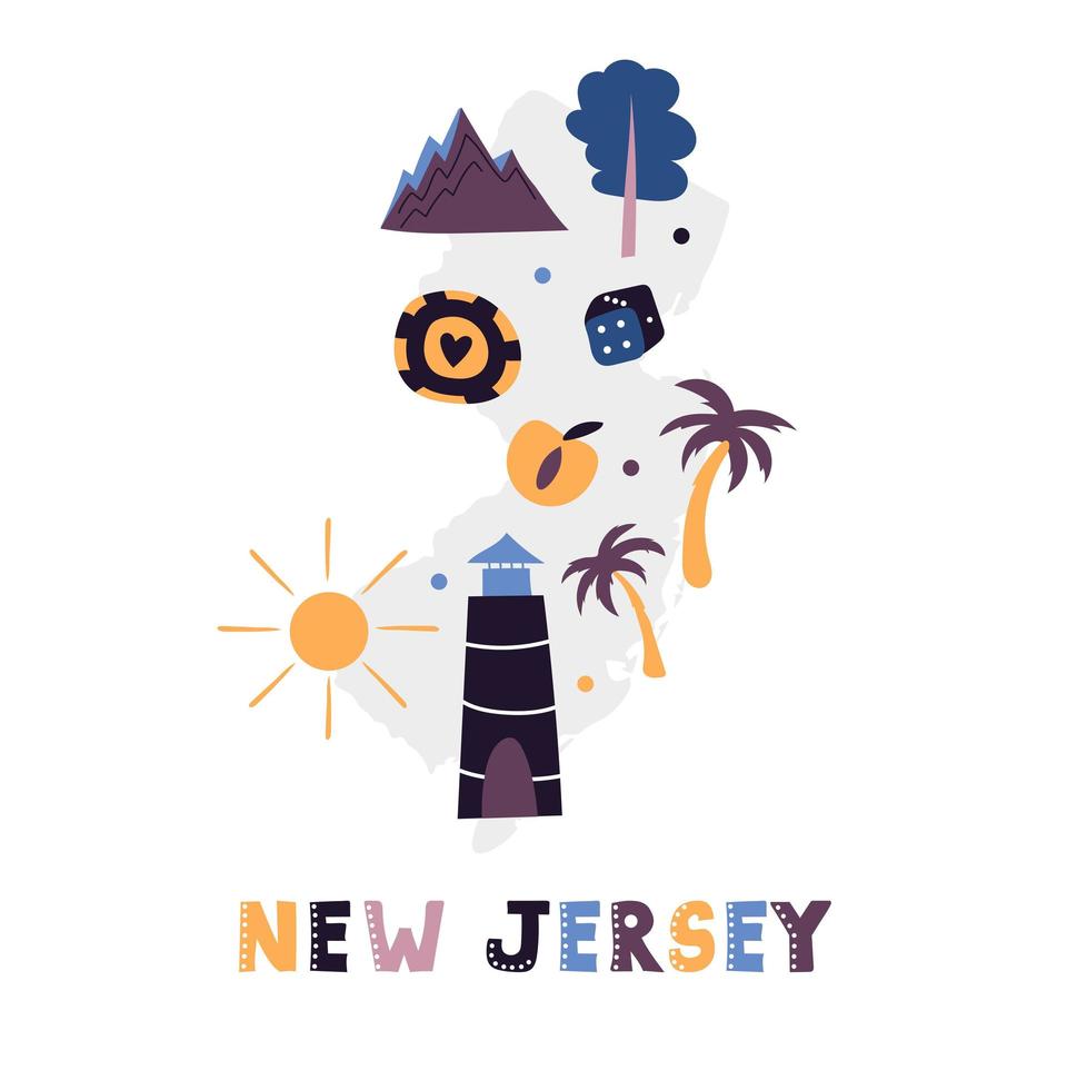 colección de mapas de Estados Unidos. Símbolos estatales en la silueta del estado gris - Nueva Jersey vector