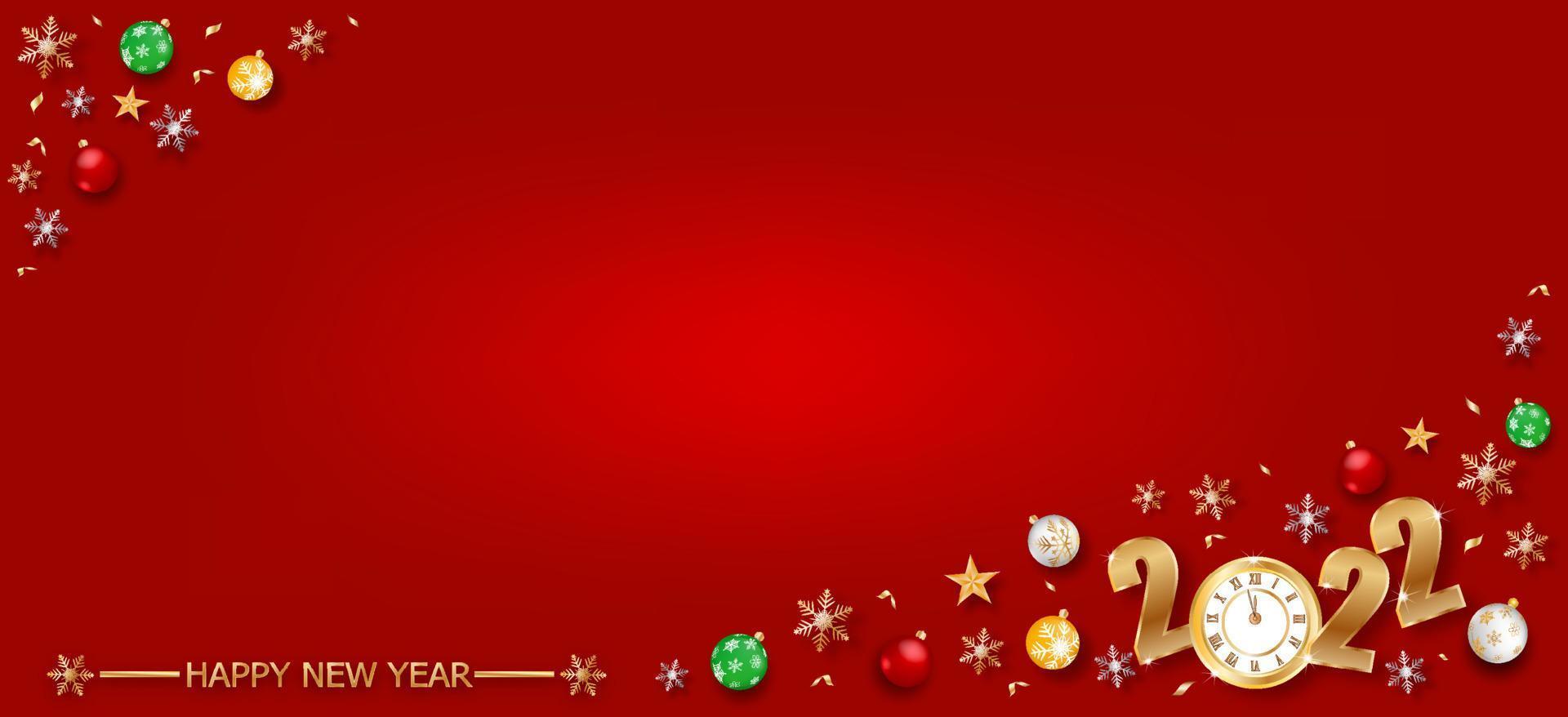 Banner Happy new year 2022 gold clock on red colors place for text with snow flex of vector illustration.