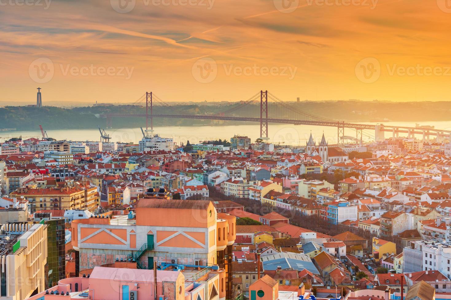 Picturesque sunset over Lisbon, Portugal. Evening panorama of the Portuguese capital city photo