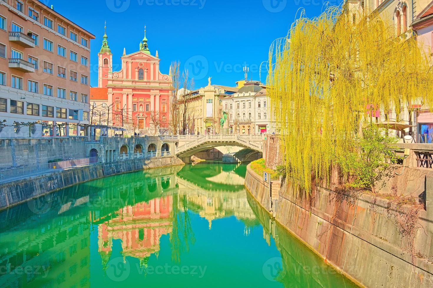 Cityscape of Ljubljana with the Triple Bridge, The Cathedral and the river Ljubljanica, Slovenia photo