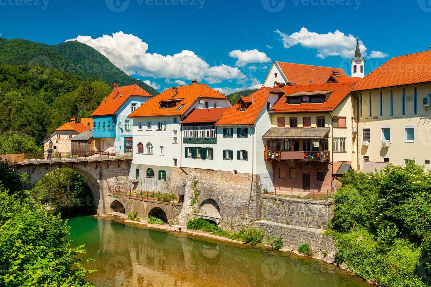 Cityscape of Skofja Loka, Slovenia. An ancient European town. photo