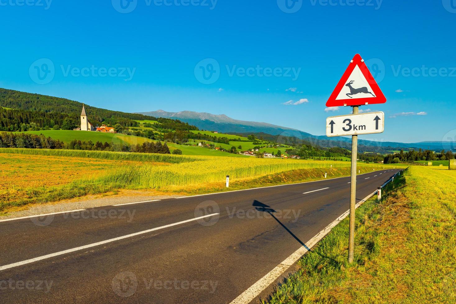 paisaje rural austríaco con una carretera vacía entre campos agrícolas que conducen a los Alpes, un pequeño pueblo con una iglesia y una señal de tráfico de advertencia: cruce de animales salvajes foto