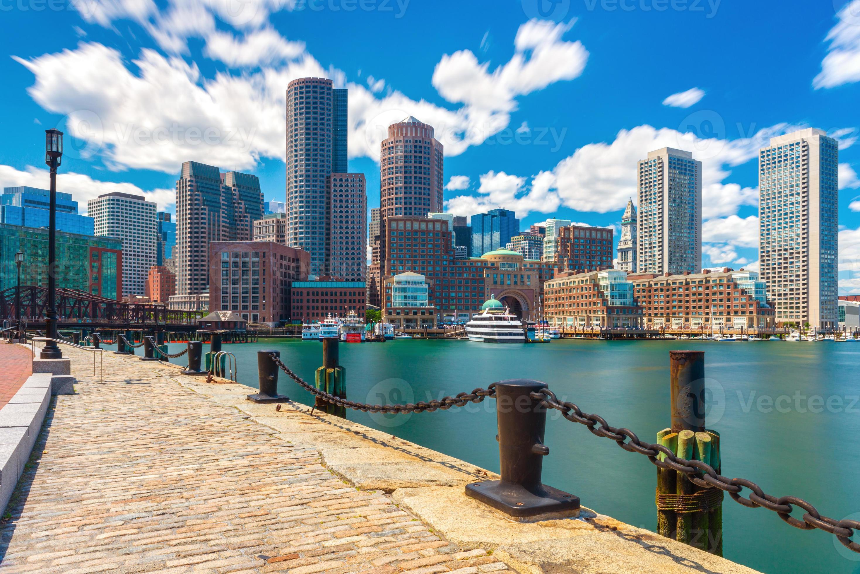 Boston skyline in sunny summer day, view from harbor on downtown
