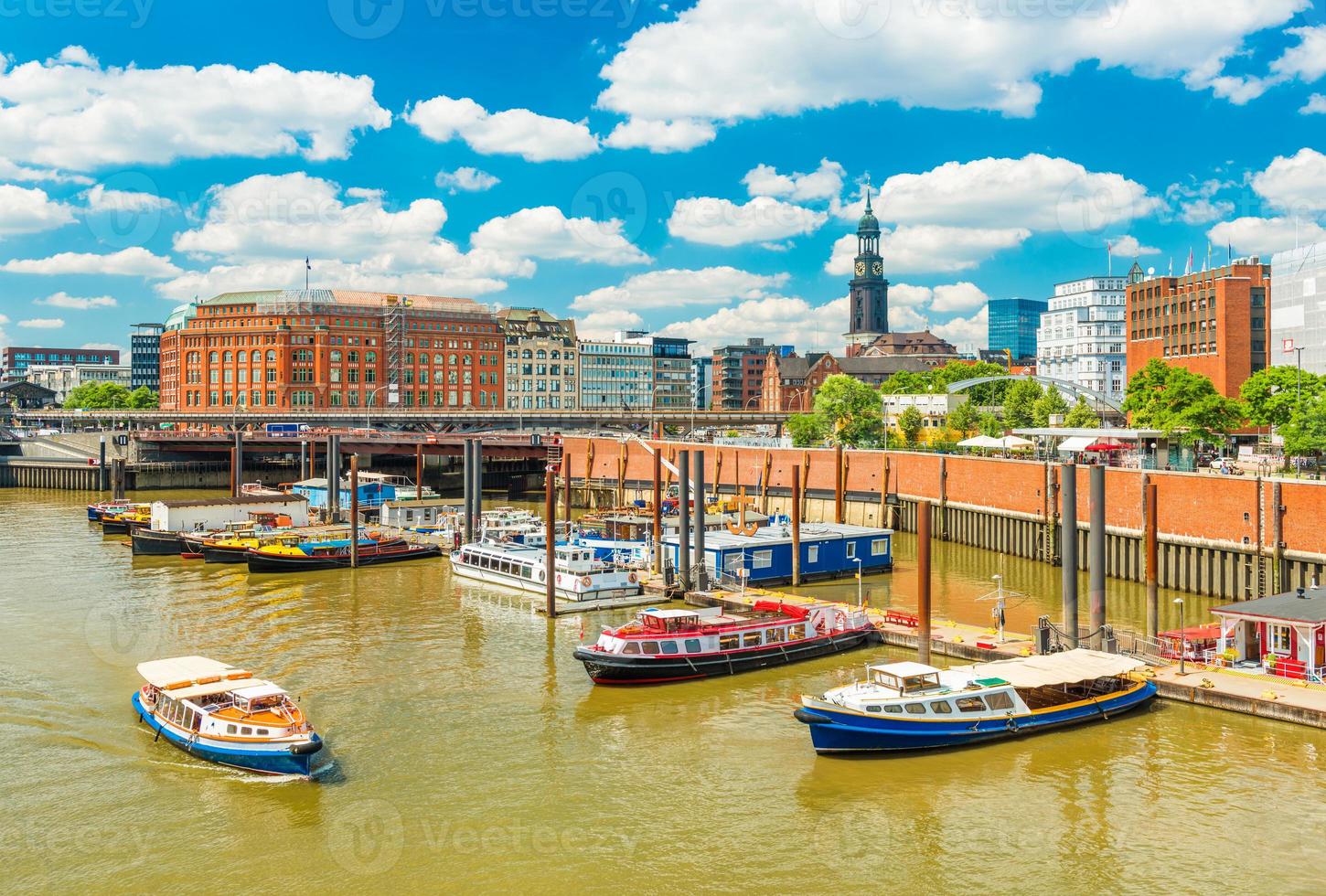 Hamburg cityscape at sunny summer day. View of the harbor with touristic boats. Popular travel destination in the northern Europe photo