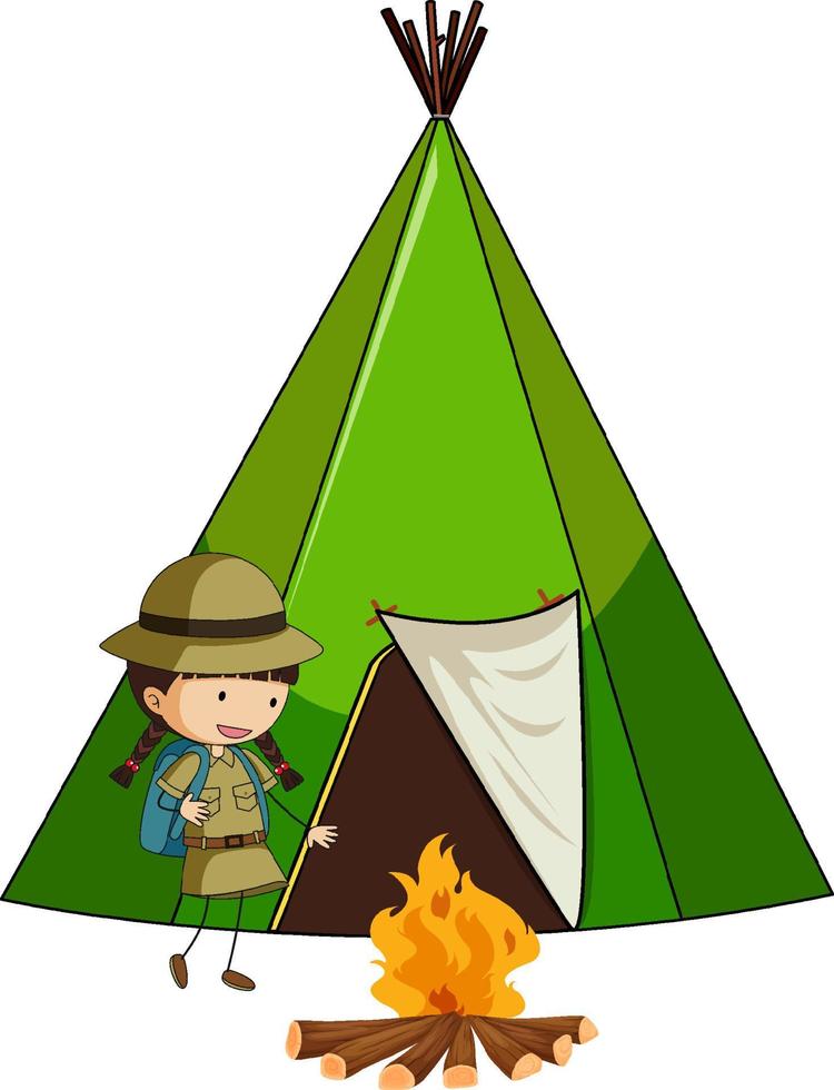 Camping tent with doodle kids cartoon character isolated vector