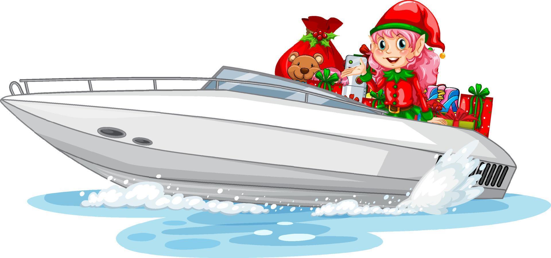 Christmas elf on speed boat with her gifts vector