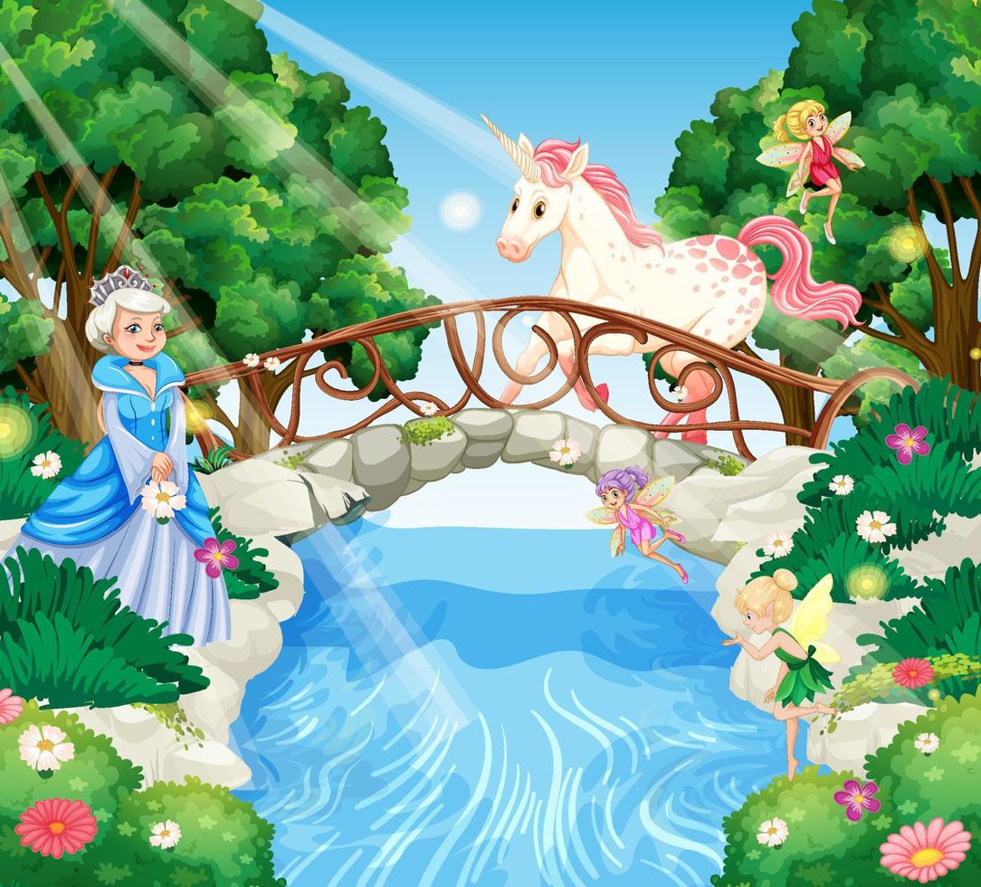 Escena del bosque encantado con princesa y unicornio. vector