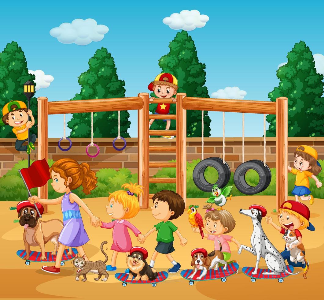 Escena del patio de recreo con niños jugando con sus animales. vector