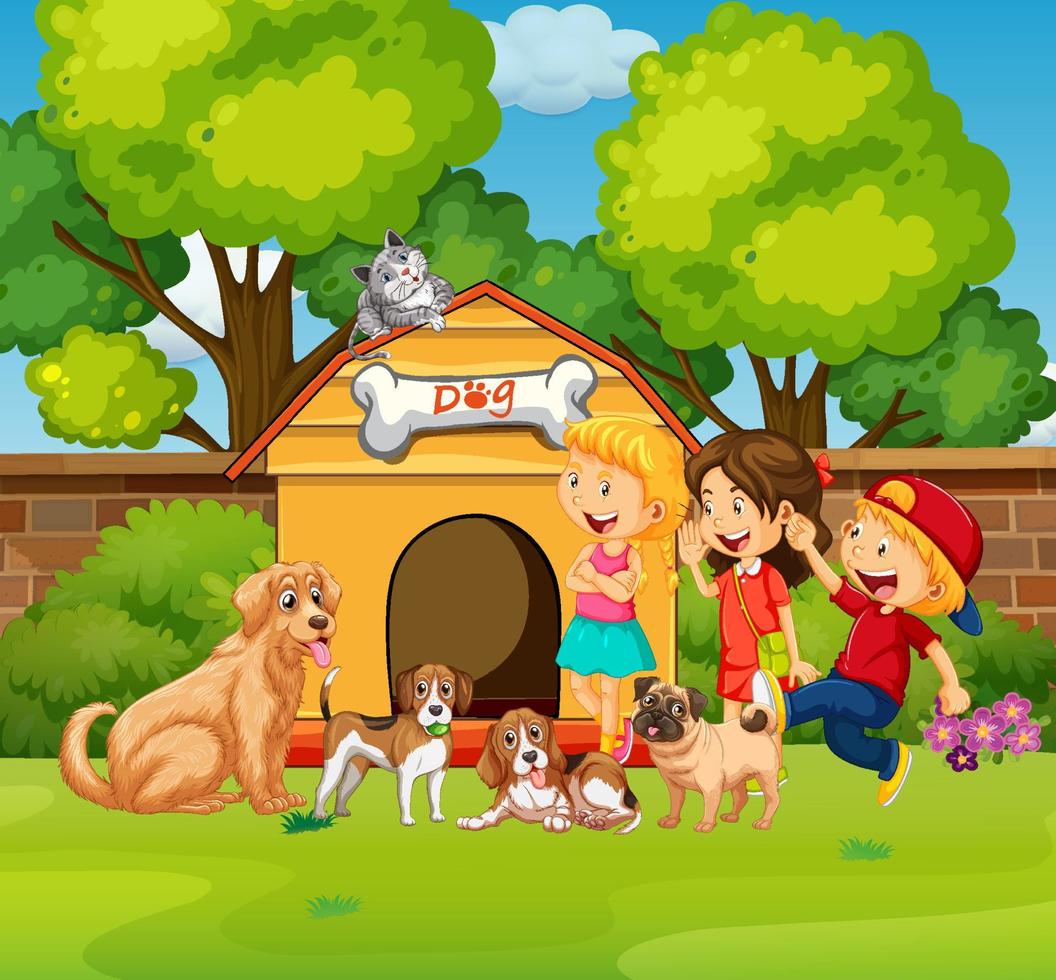 Park scene with children playing with their dogs vector
