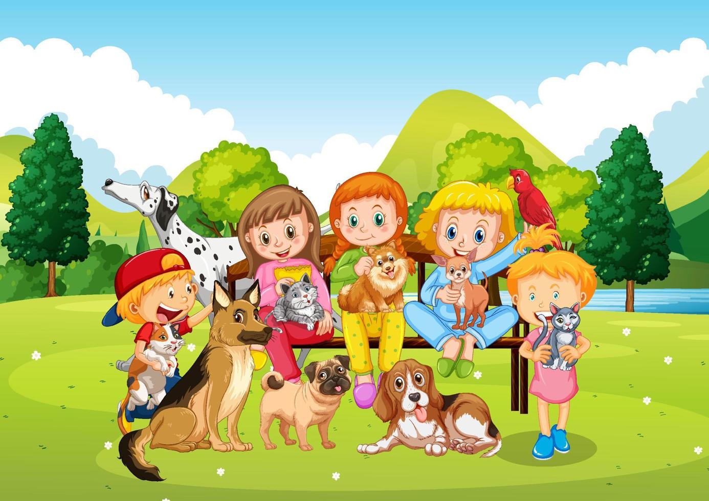 Park scene with children playing with dogs vector