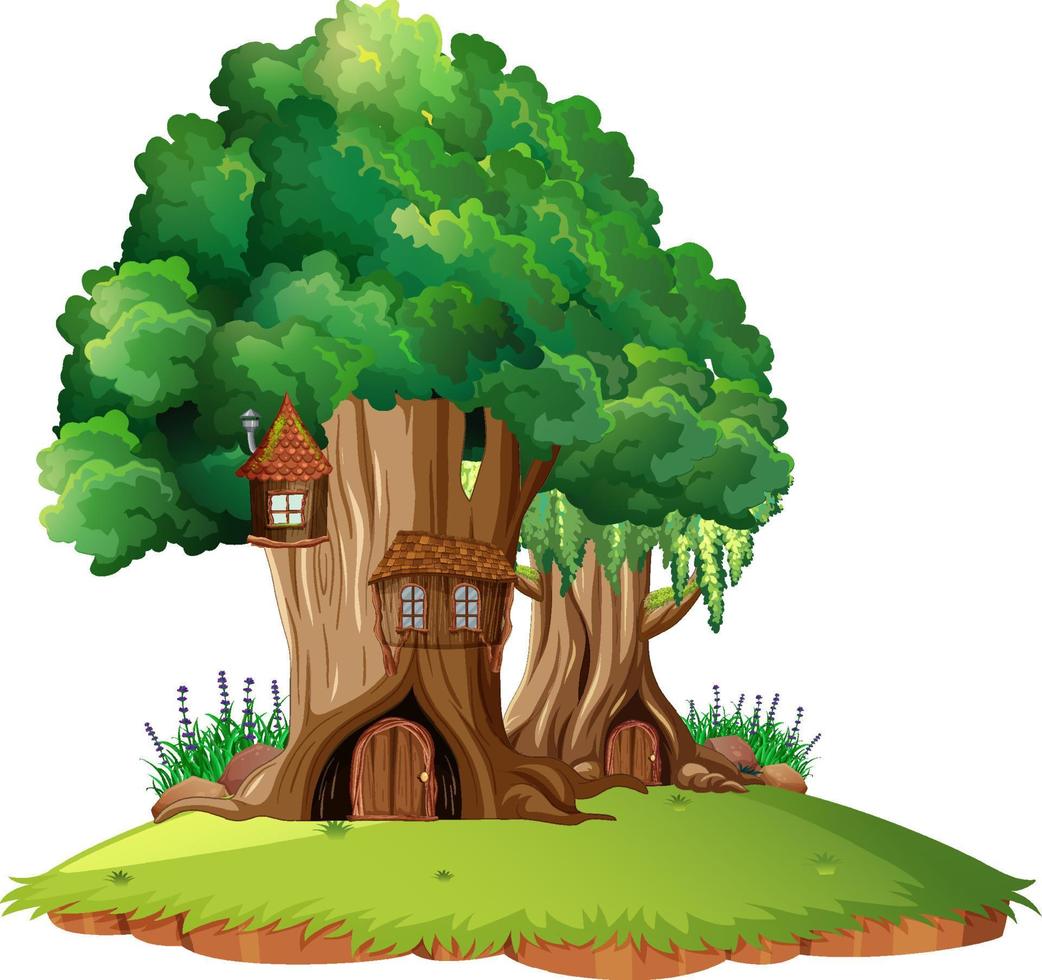 Fantasy tree house inside tree trunk on white background vector