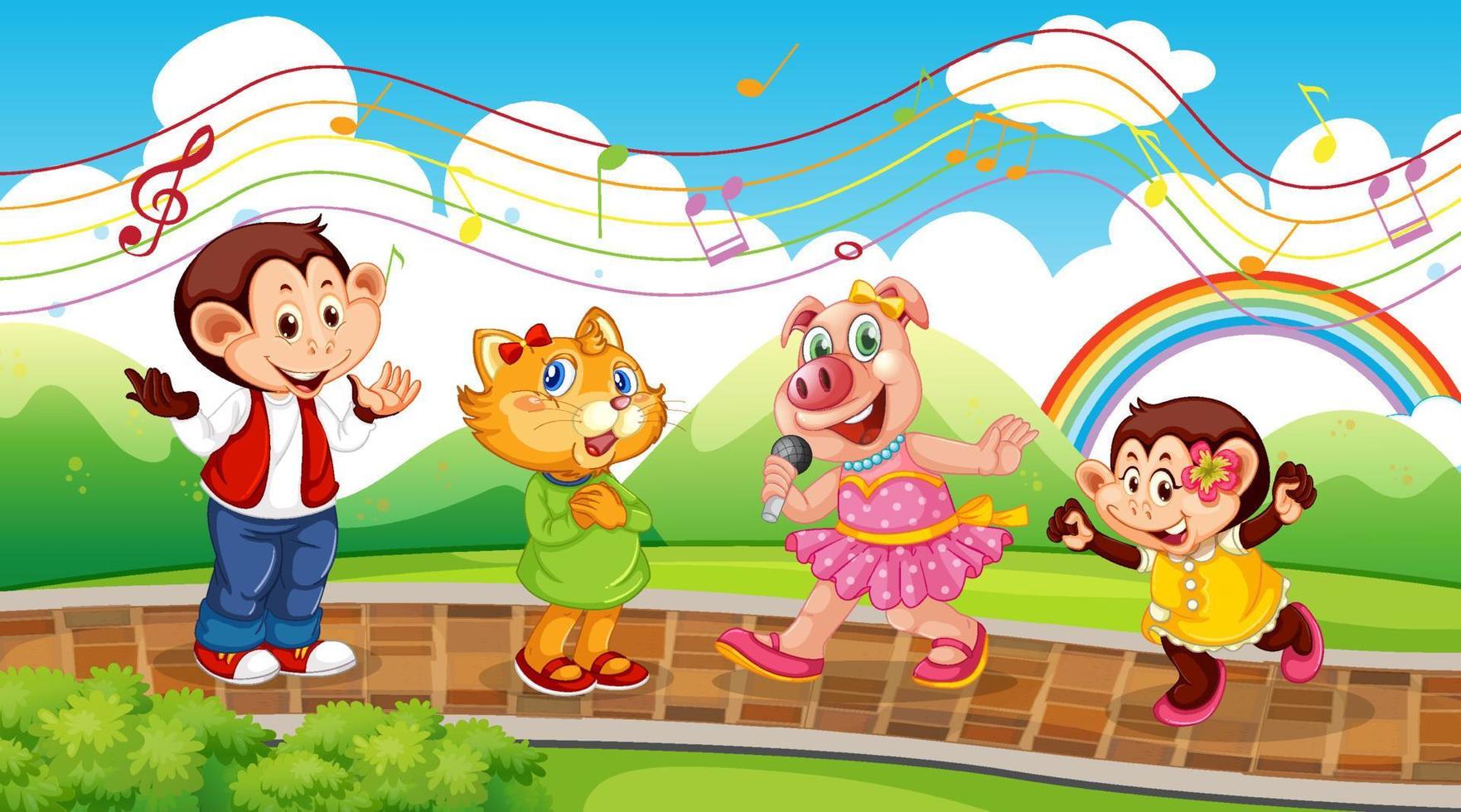 Cute animals performance singing at the park vector