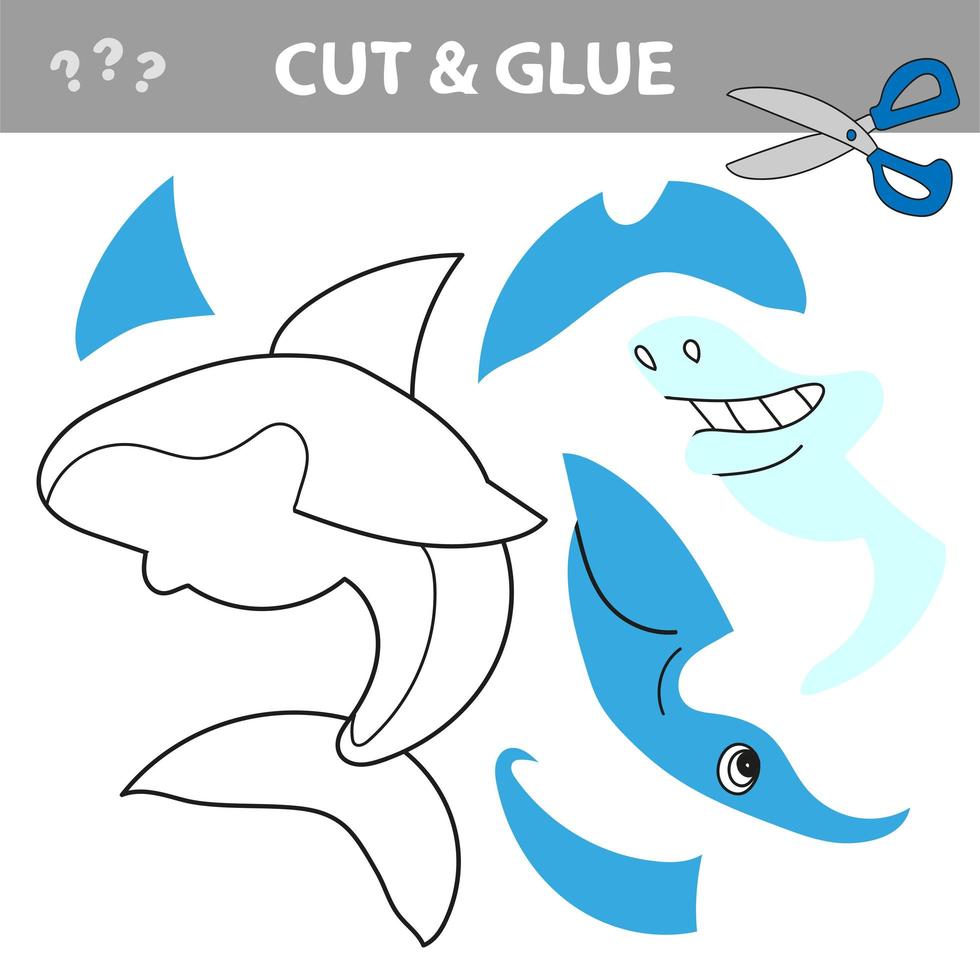 juego educativo para niños. cortar y pegar tiburón de dibujos animados. hoja de trabajo de actividad vector