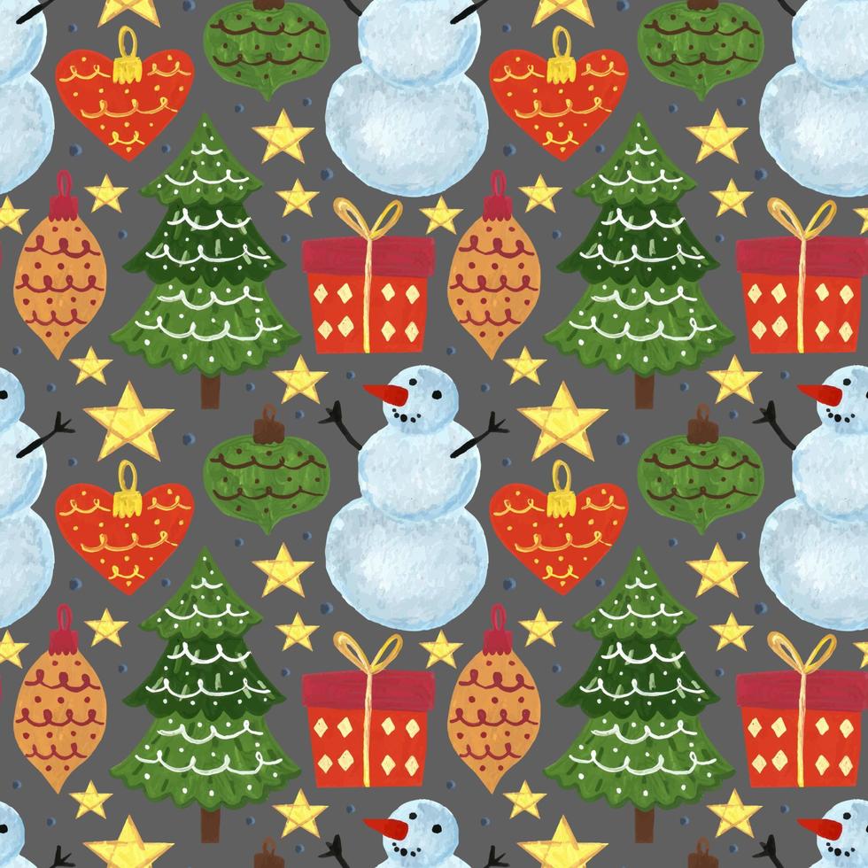 Winter holiday hand drawn seamless pattern background Merry Christmas and Happy New Year snowman christmas tree decoration star gift box wrapping paper packaging design vector