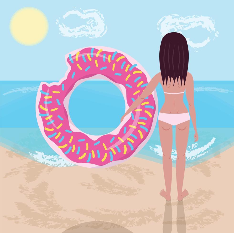 una niña en la playa, sosteniendo un anillo de goma en forma de rosquilla. ilustración vectorial. vector