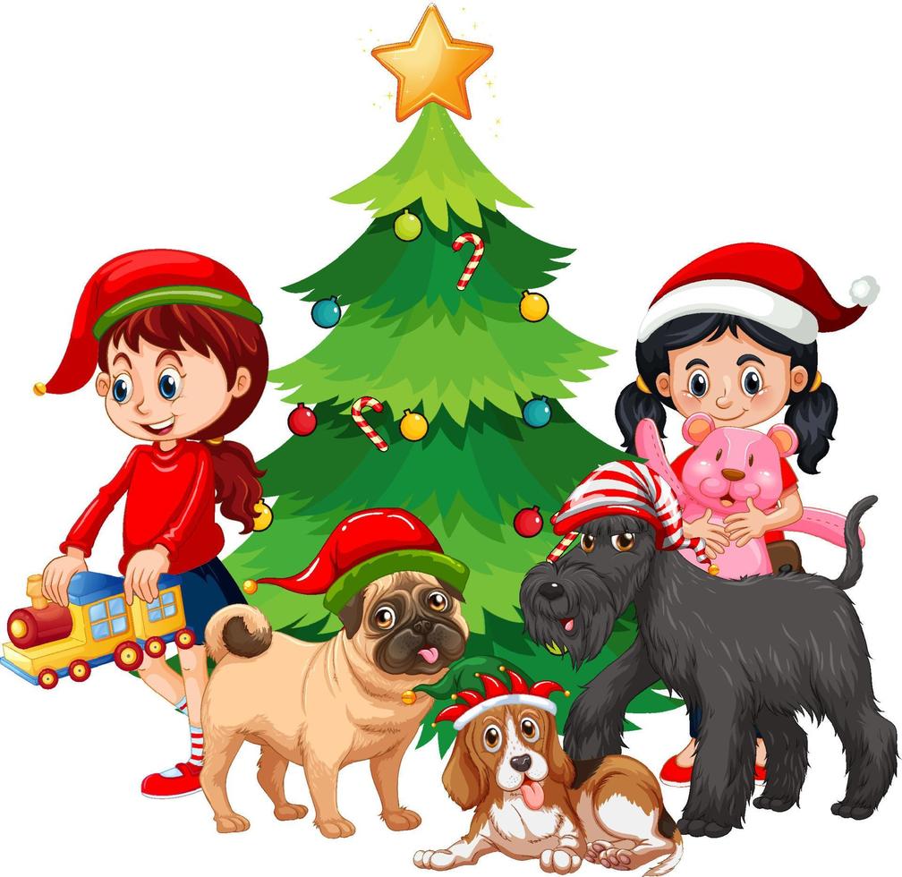 Children and dogs in Christmas theme vector