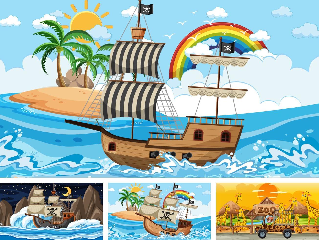 Conjunto de diferentes escenas con barco pirata en el mar y animales en el zoológico. vector