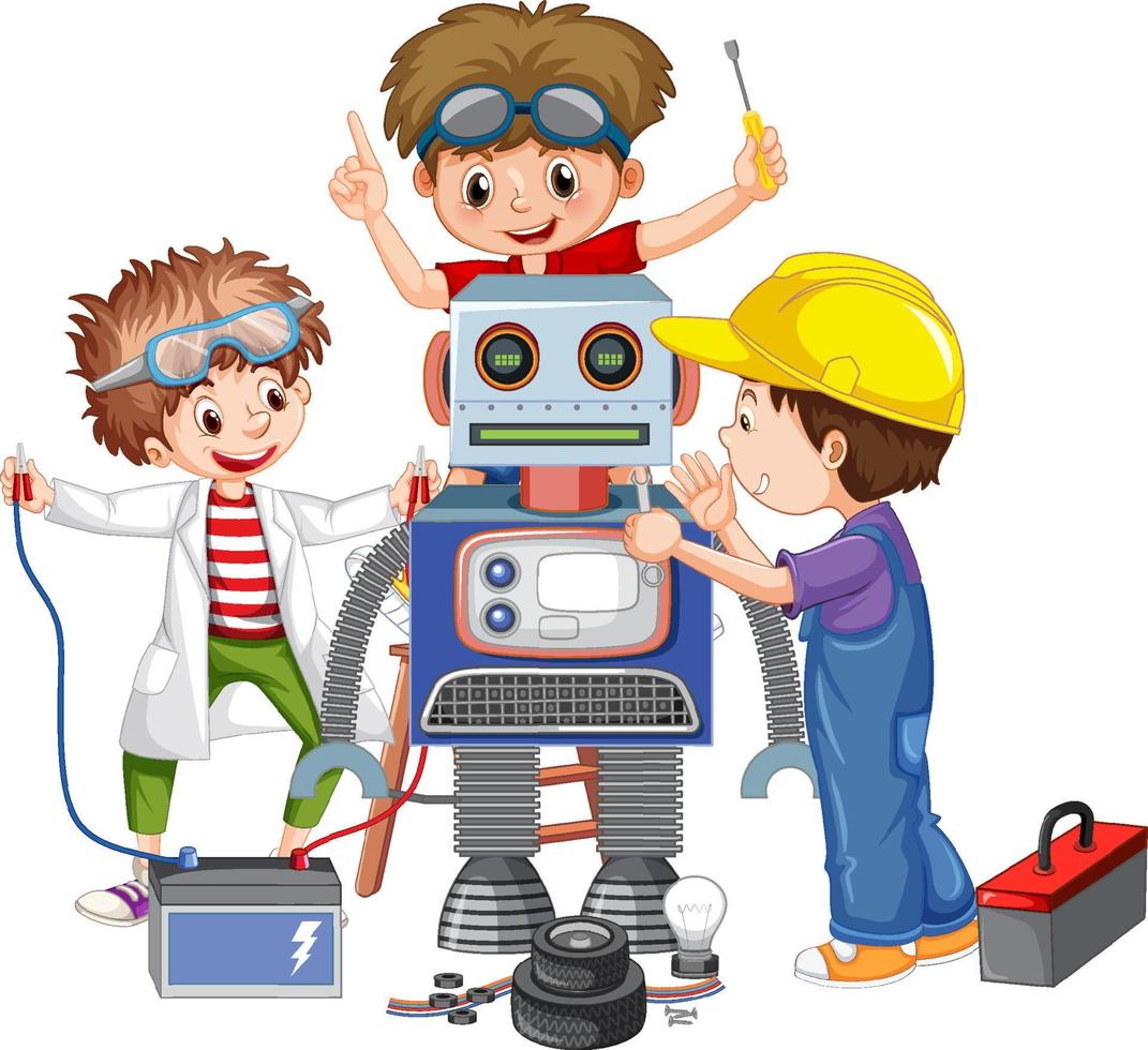 Children fixing a robot together vector