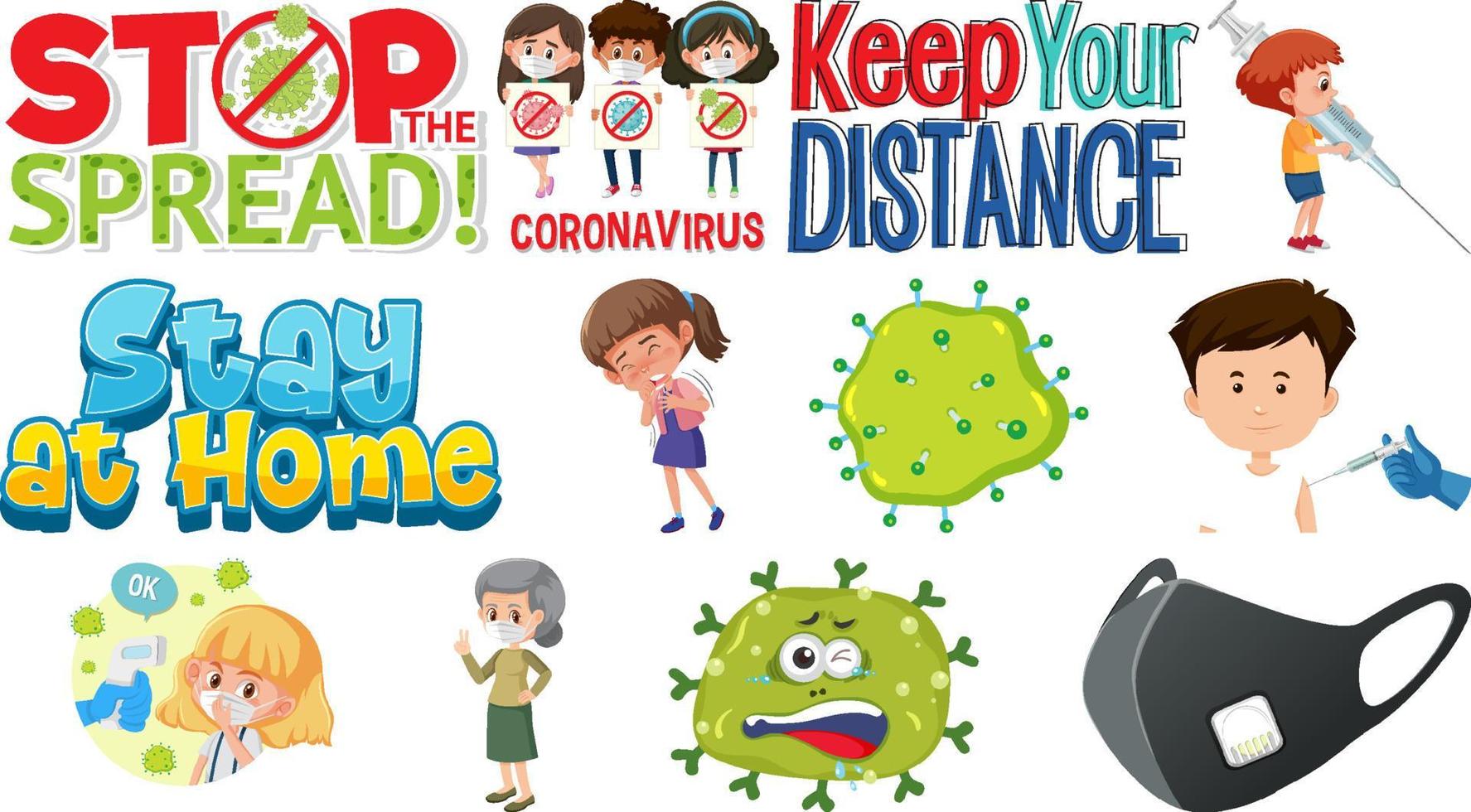 Cartoon character and Coronavirus vaccination isolated objects vector