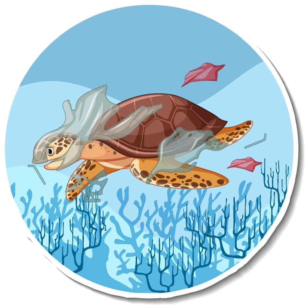Turtle stuck with plastic trash cartoon sticker vector