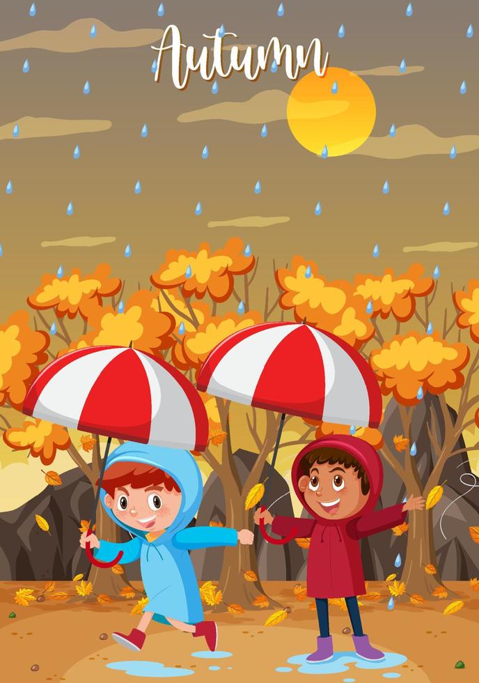 lloviendo en otoño con los niños llevan impermeable y sosteniendo paraguas vector