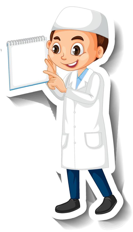 Muslim scientist boy cartoon character sticker vector