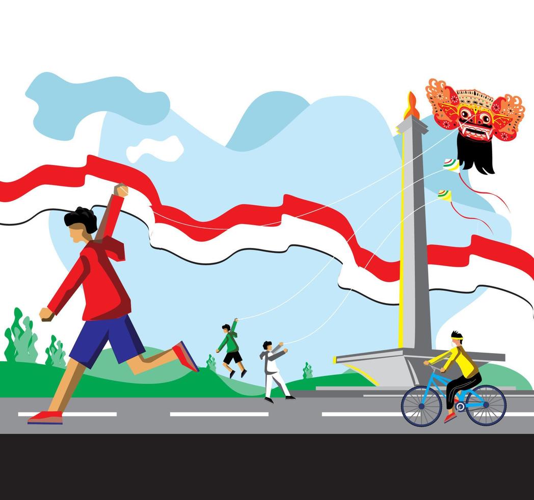 vector illustration of children playing kites at Monas Jakarta Indonesia