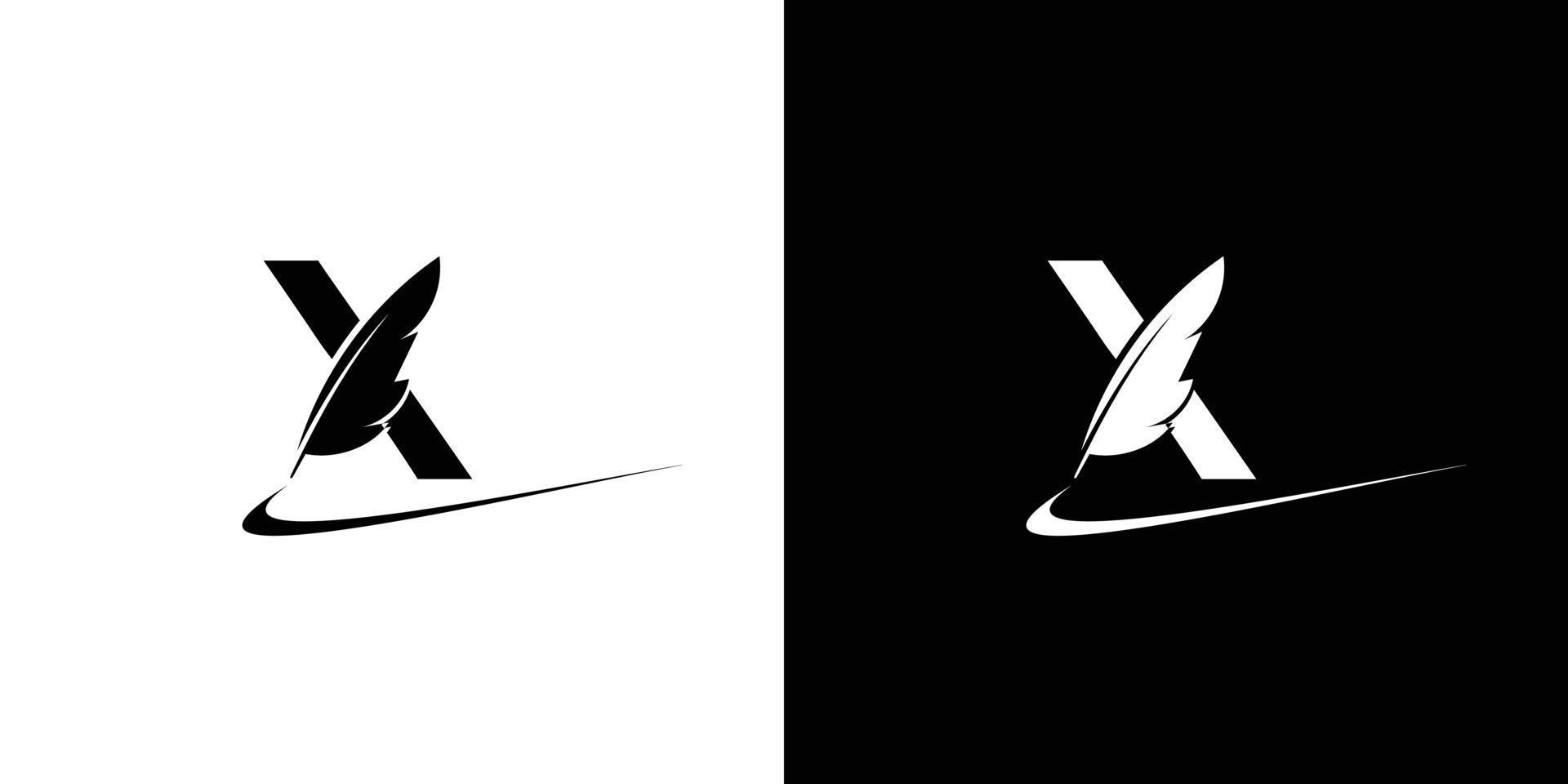 el diseño del logotipo inicial de la letra x, una combinación de un bolígrafo de plumas de ganso, es único y atractivo vector