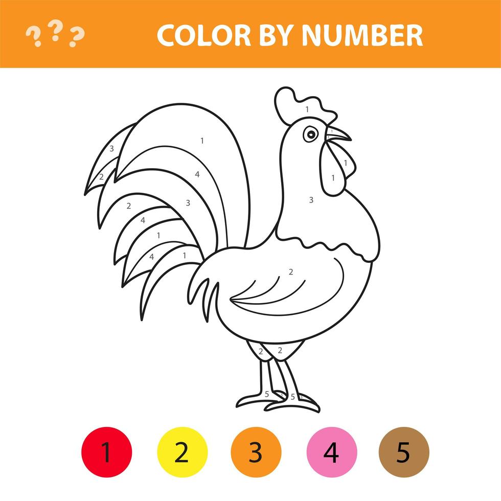 Color by number for children - farm animals rooster, cock vector